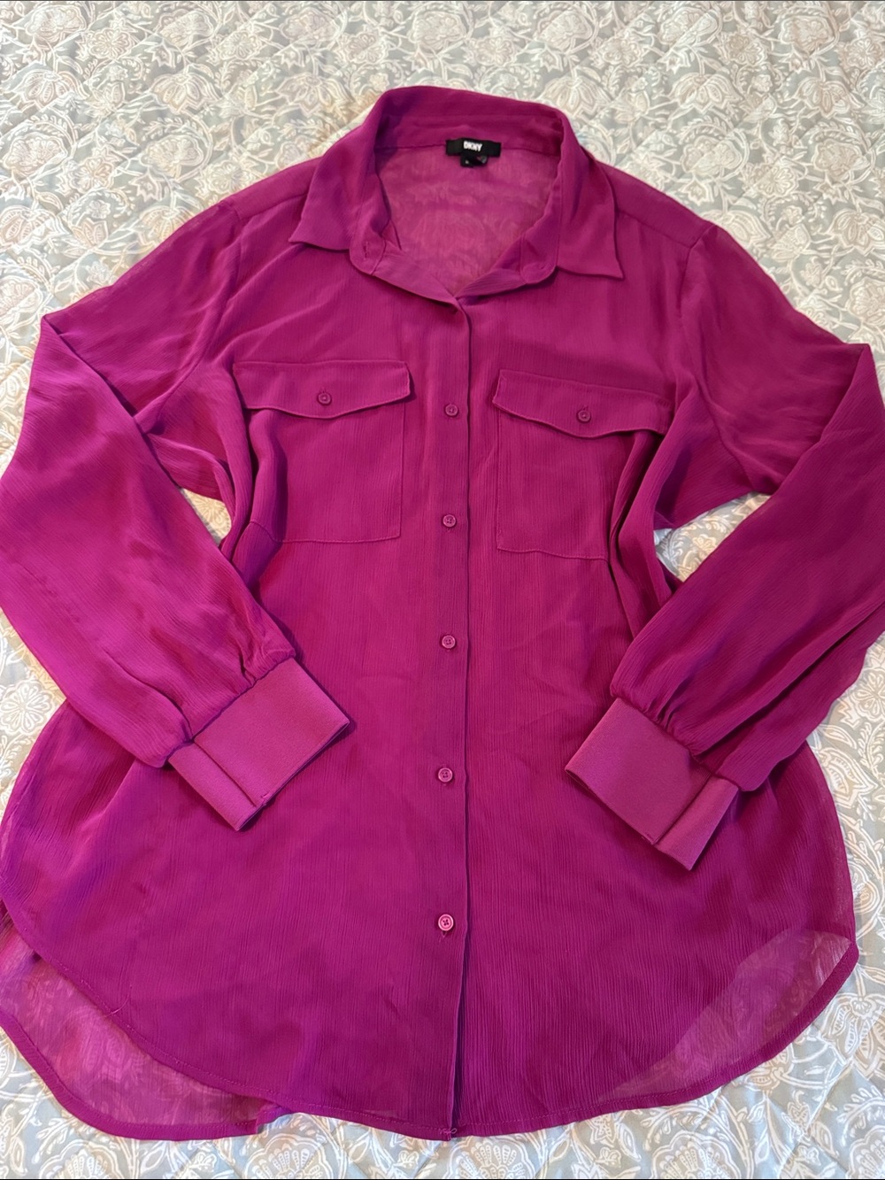 DKNY Fuchsia Button-Front Long Sleeve Blouse